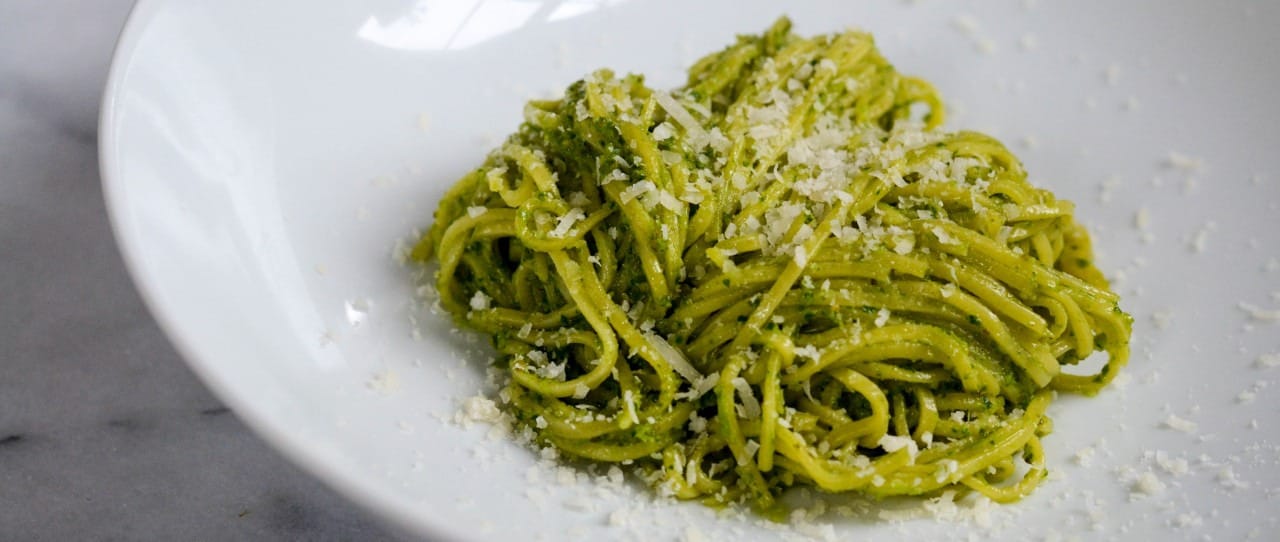 Tagliolini with parsley-basil-garlic scape pesto, just in time for summer.  – The Manhattan [food] Project